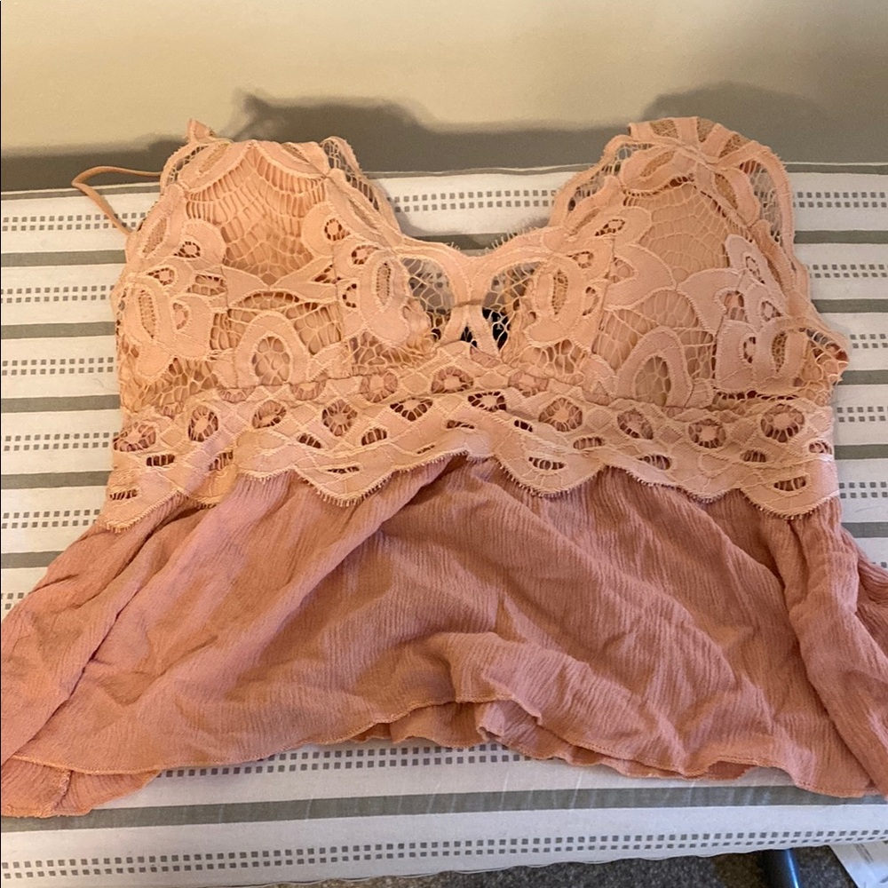 Pink Floral Lace Crop Top with Scalloped Edges